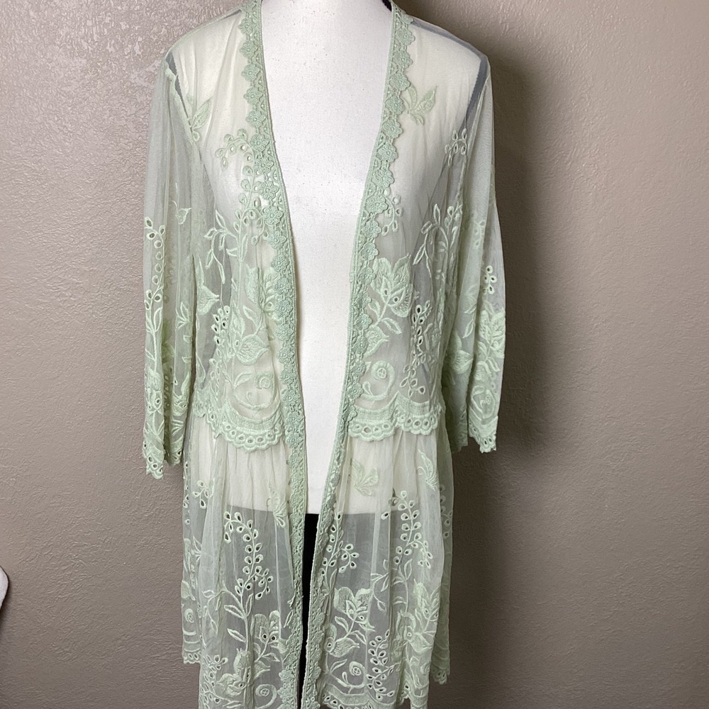 La Bellum by Hillary Scott‎ Embroidered Open‑Front Duster, Light Green, LRG, NWT
